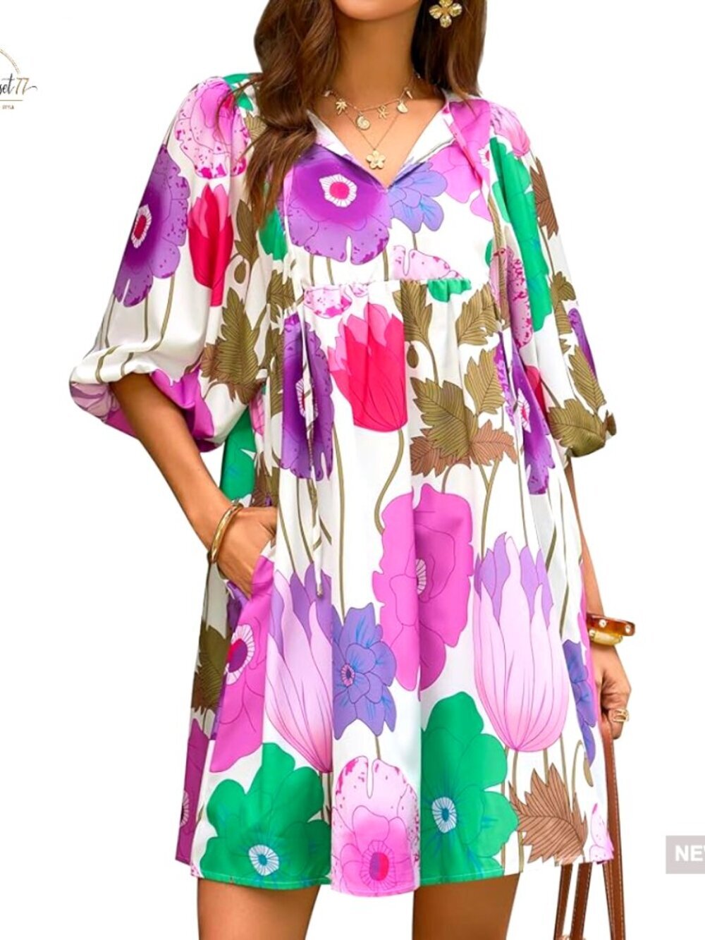 Floral Mini Babydoll Dress with Puff Sleeves and Pockets, Loose Fit Sundress